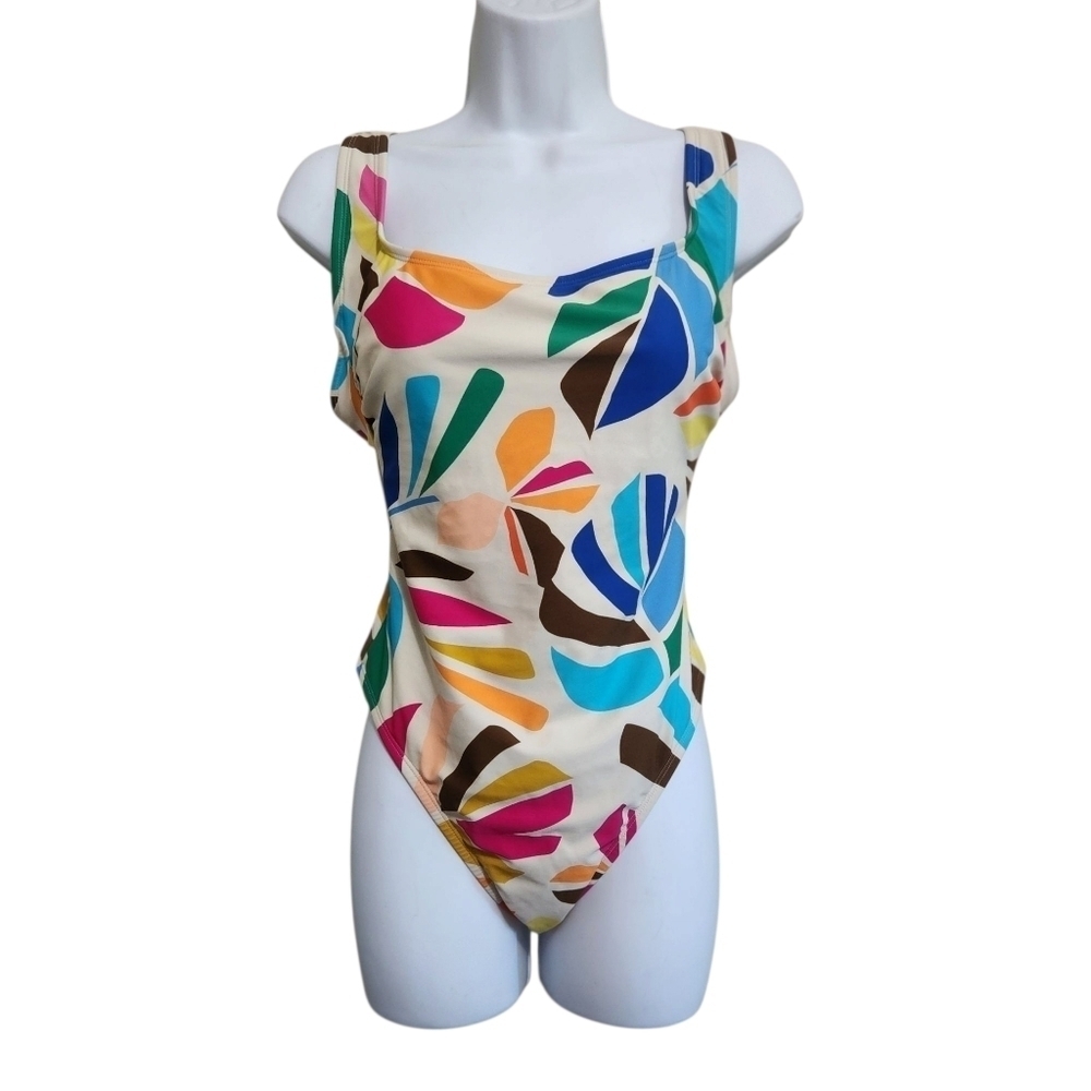 TABITHA BROWN BOTANICAL PRINT SCOOP NECK ONE PIECE SWIMSUIT SZ M